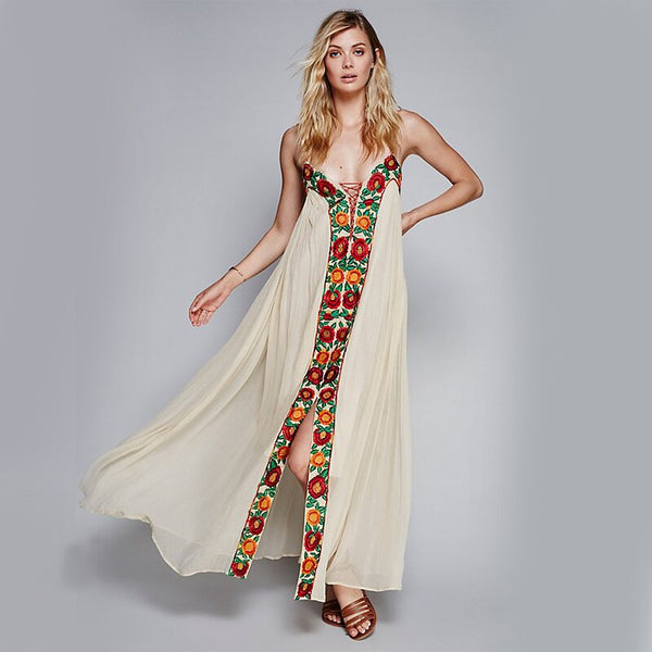 chinese dress ladies Boho Chic Floral Embroidery Maxi Dress White