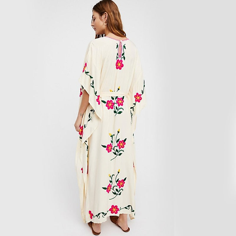 Boho Pink Flowers Embroidered Maxi Dress