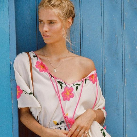 Boho Pink Flowers Embroidered Maxi Dress