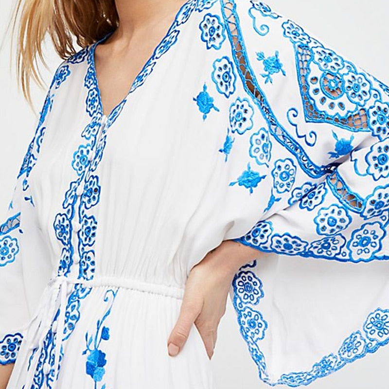Bohemian Cotton Blue and White Porcelain Embroidery Maxi Dress with Flared Sleeves