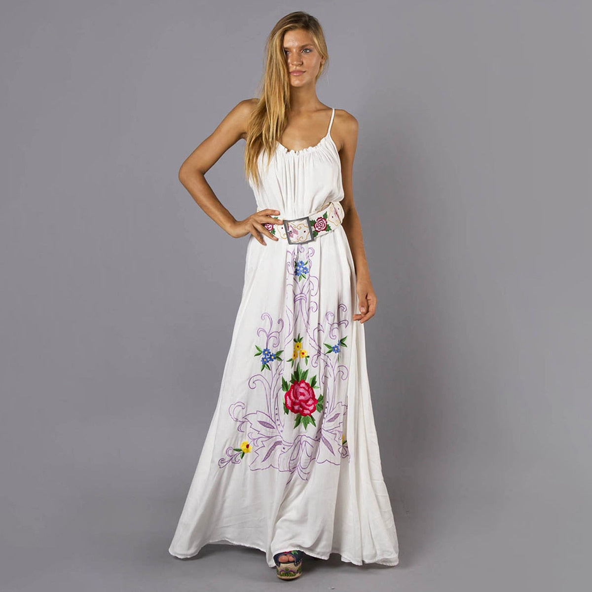 Boho Flower Embroidered White Cotton Maxi Dress