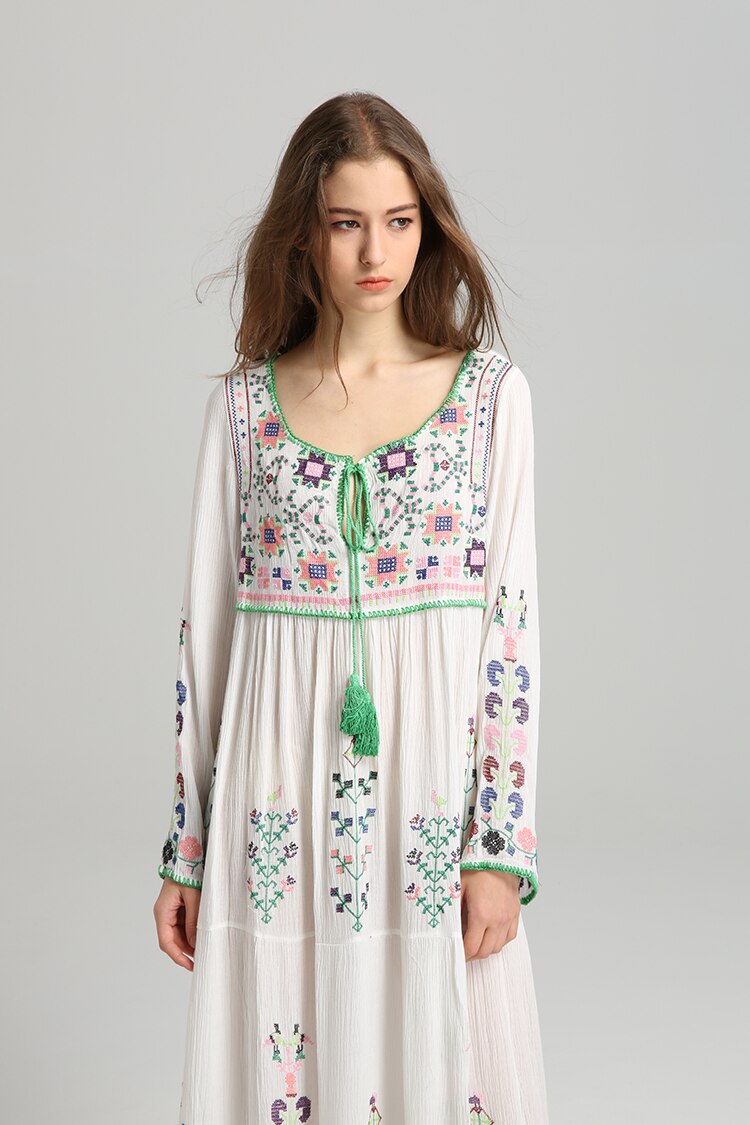 Bohemian Embroidered Cotton Maxi Dress