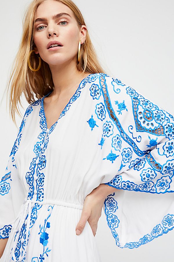 Bohemian Cotton Blue and White Porcelain Embroidery Maxi Dress with Flared Sleeves