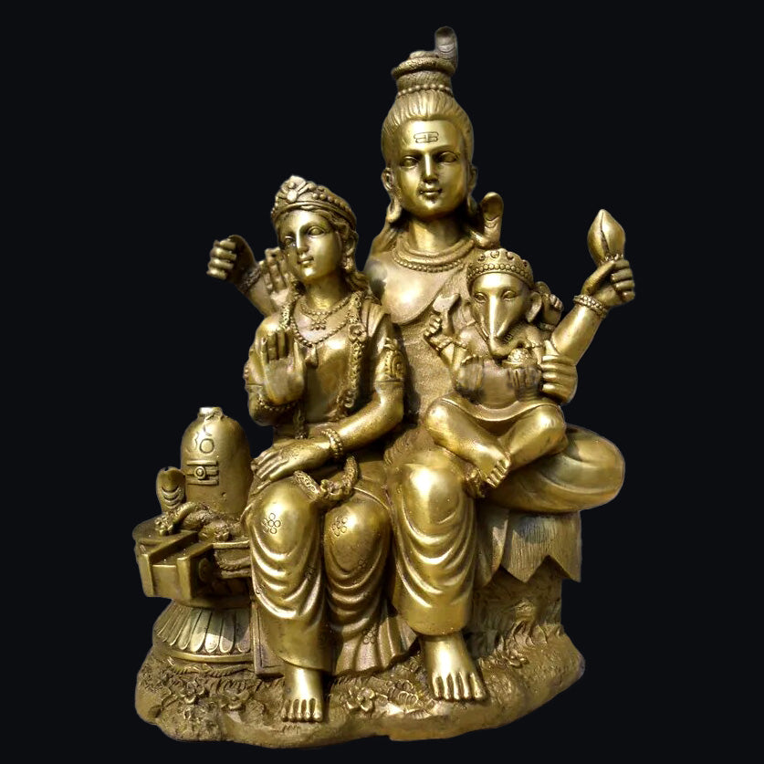 Eternal Bond: 7.5" Bronze Statue of the Divine Family - Shiva, Parvati, and Ganesha