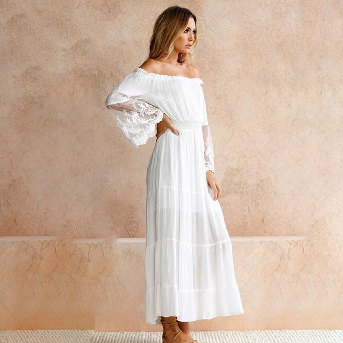 Boho White  Off  Shoulder Flare Lace Sleeve Dress