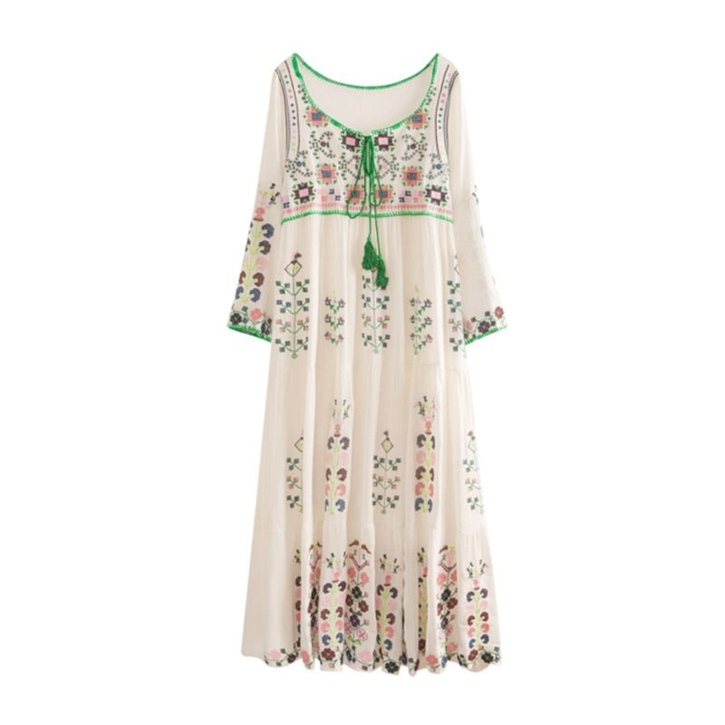 Bohemian Embroidered Cotton Maxi Dress