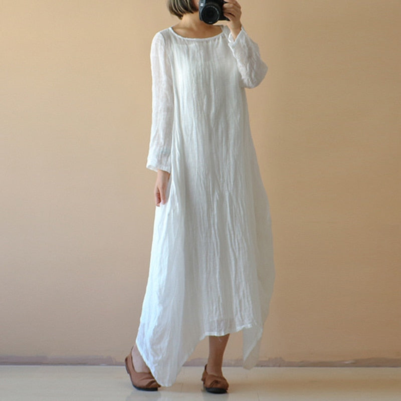 Natural Cotton Loose White Dress With Long Sleeve