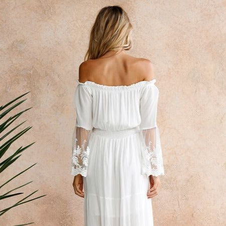 Boho White  Off  Shoulder Flare Lace Sleeve Dress