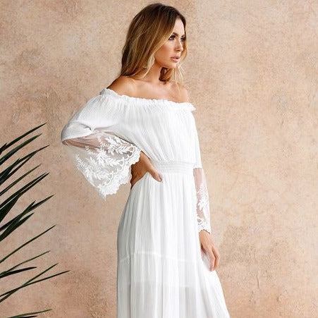 Boho White  Off  Shoulder Flare Lace Sleeve Dress