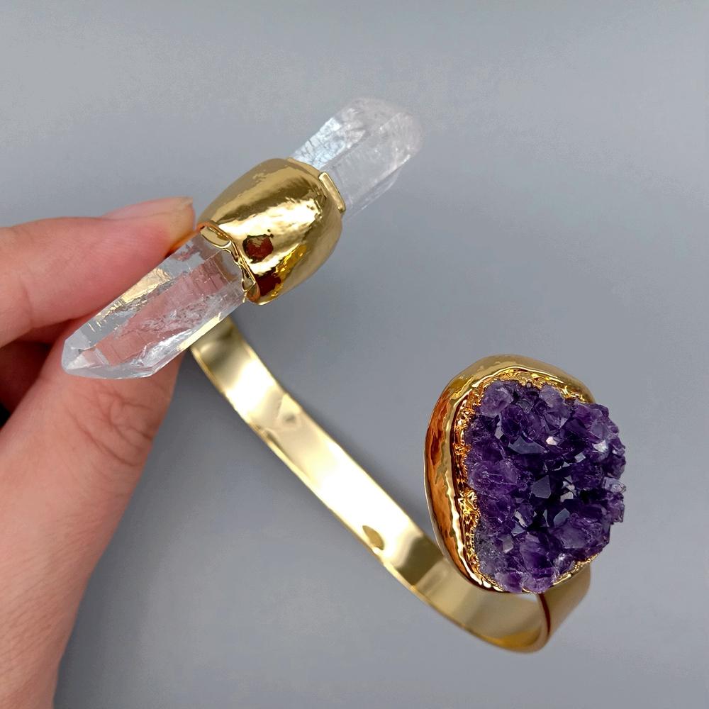 Natural Amethyst Druzy With White Quartz Gold Color Electroplated Bracelet