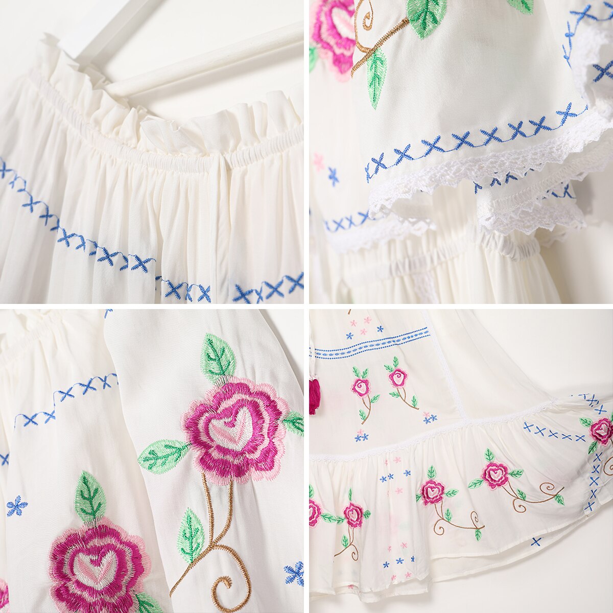 Bohemian Rose Embroidery Off-Shoulder Maxi Dress