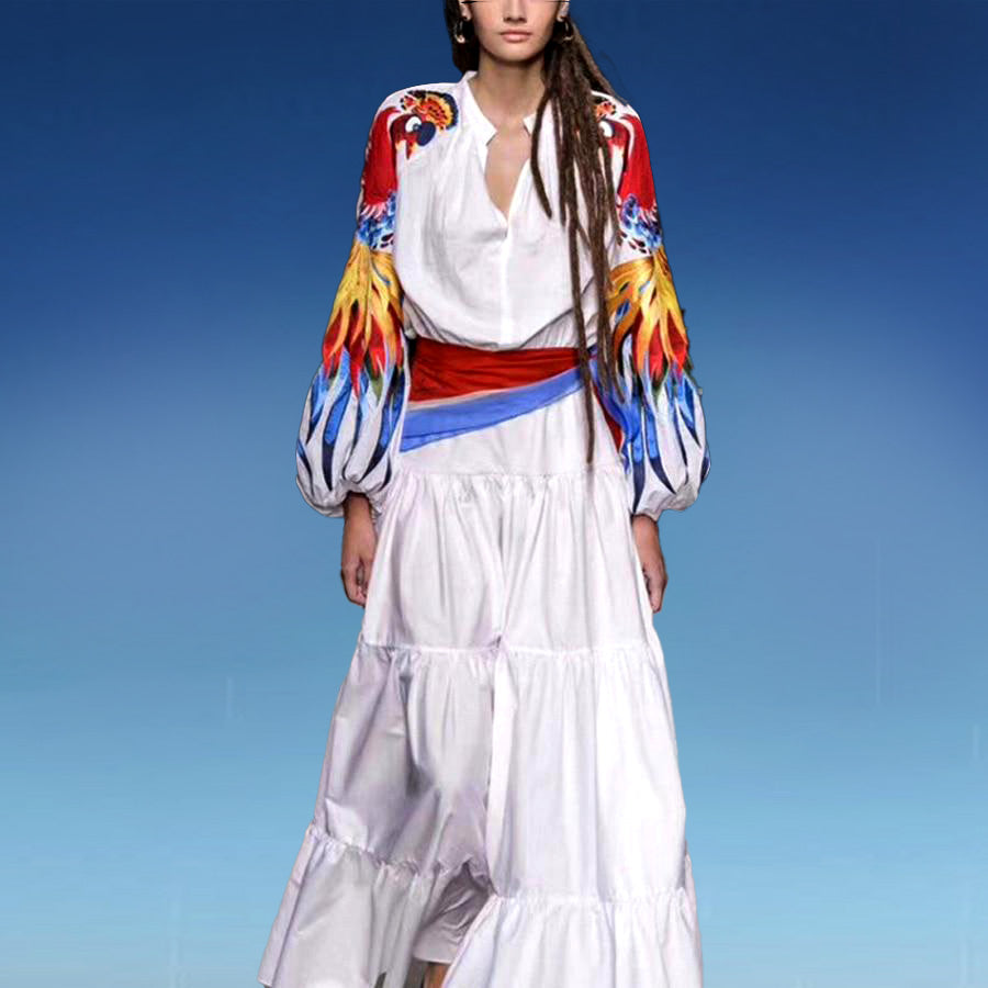 Bohemian Chic  Peacock Bird Embroidery Maxi  Dress with  Lantern Sleeves