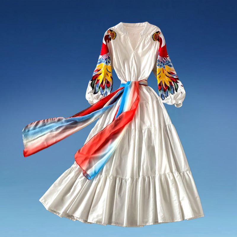 Bohemian Chic  Peacock Bird Embroidery Maxi  Dress with  Lantern Sleeves
