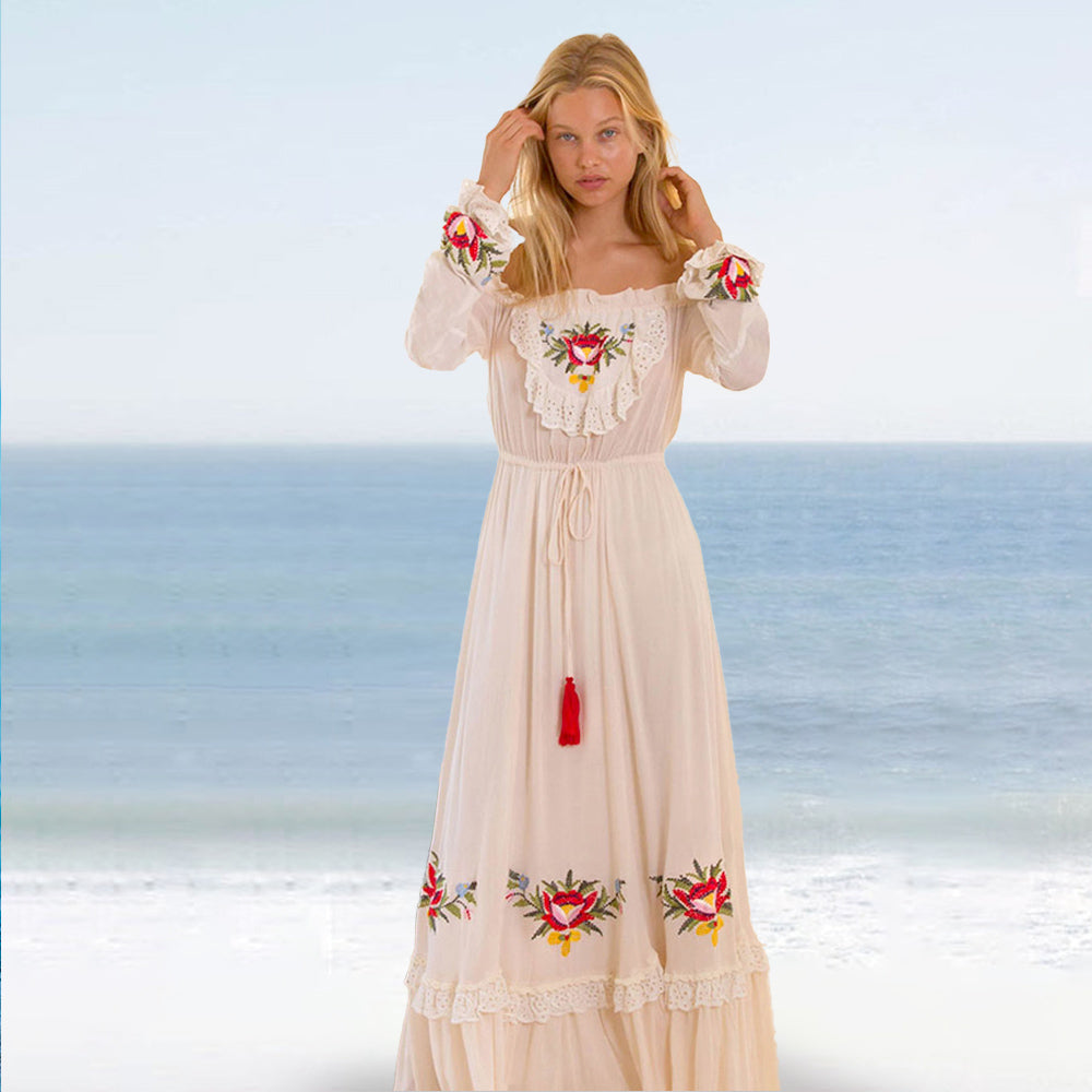 Open Shoulders Cotton Floral Embroidery Boho Maxi Dress