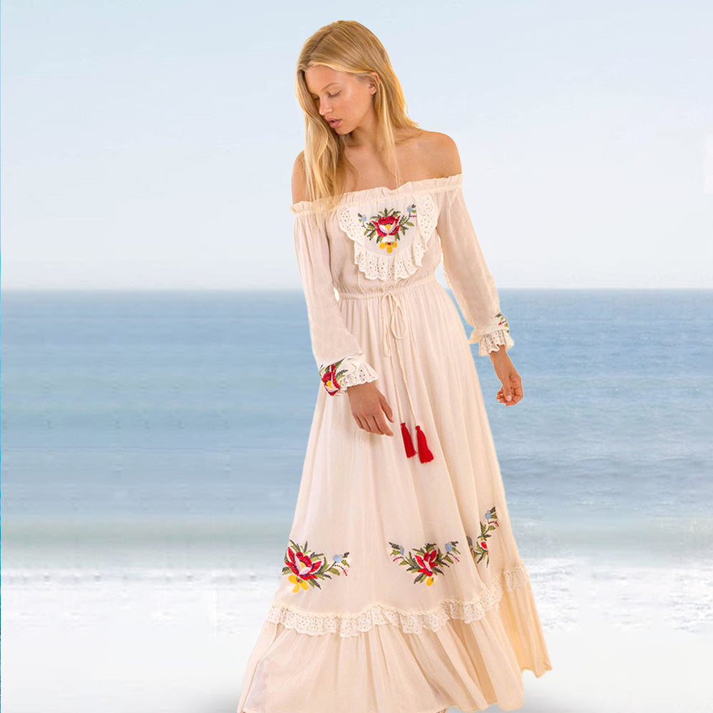 Open Shoulders Cotton Floral Embroidery Boho Maxi Dress
