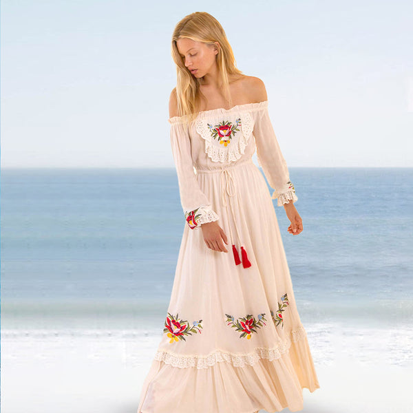 Open Shoulders Cotton Floral Embroidery Boho Maxi Dress  Kundalini Dreams