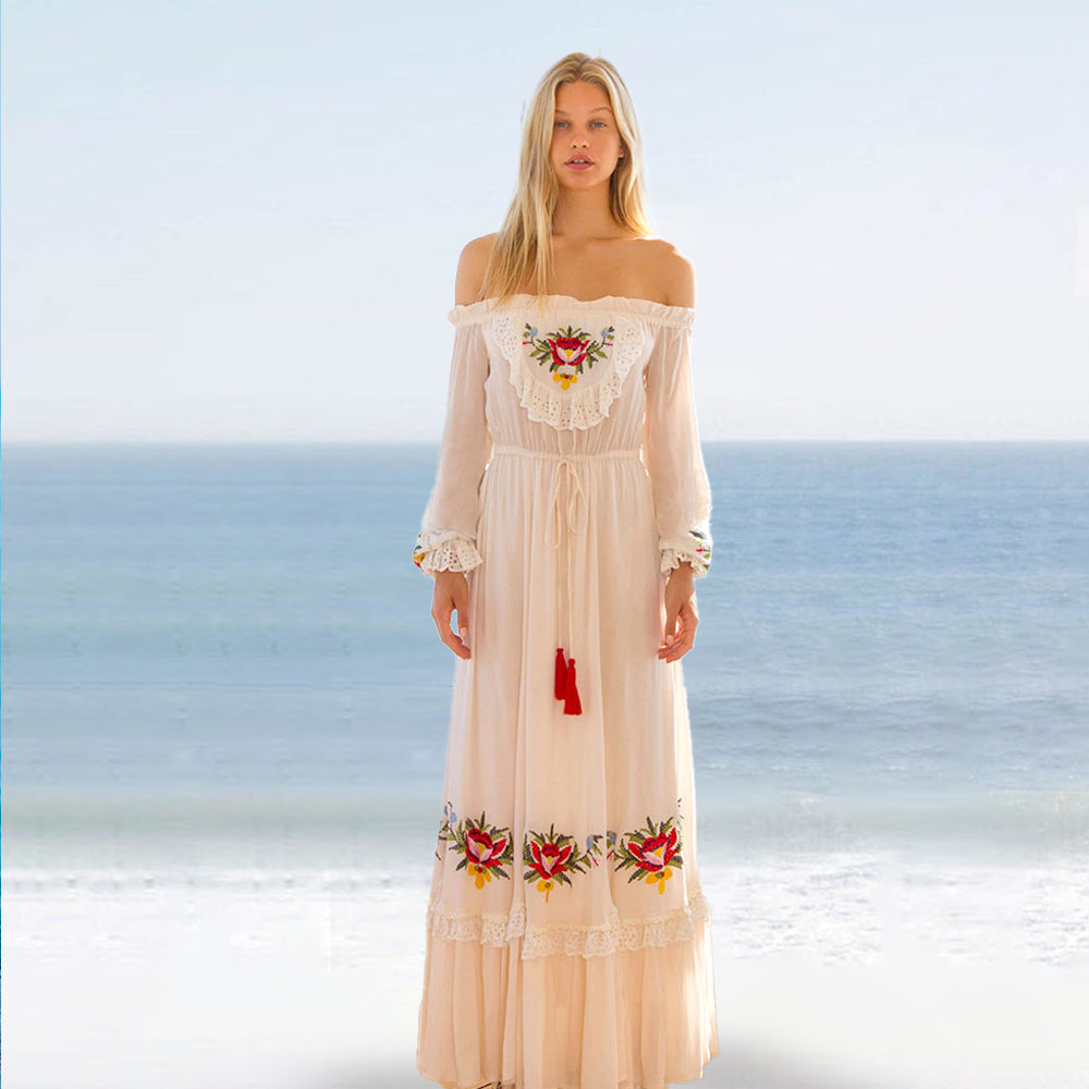 Open Shoulders Cotton Floral Embroidery Boho Maxi Dress
