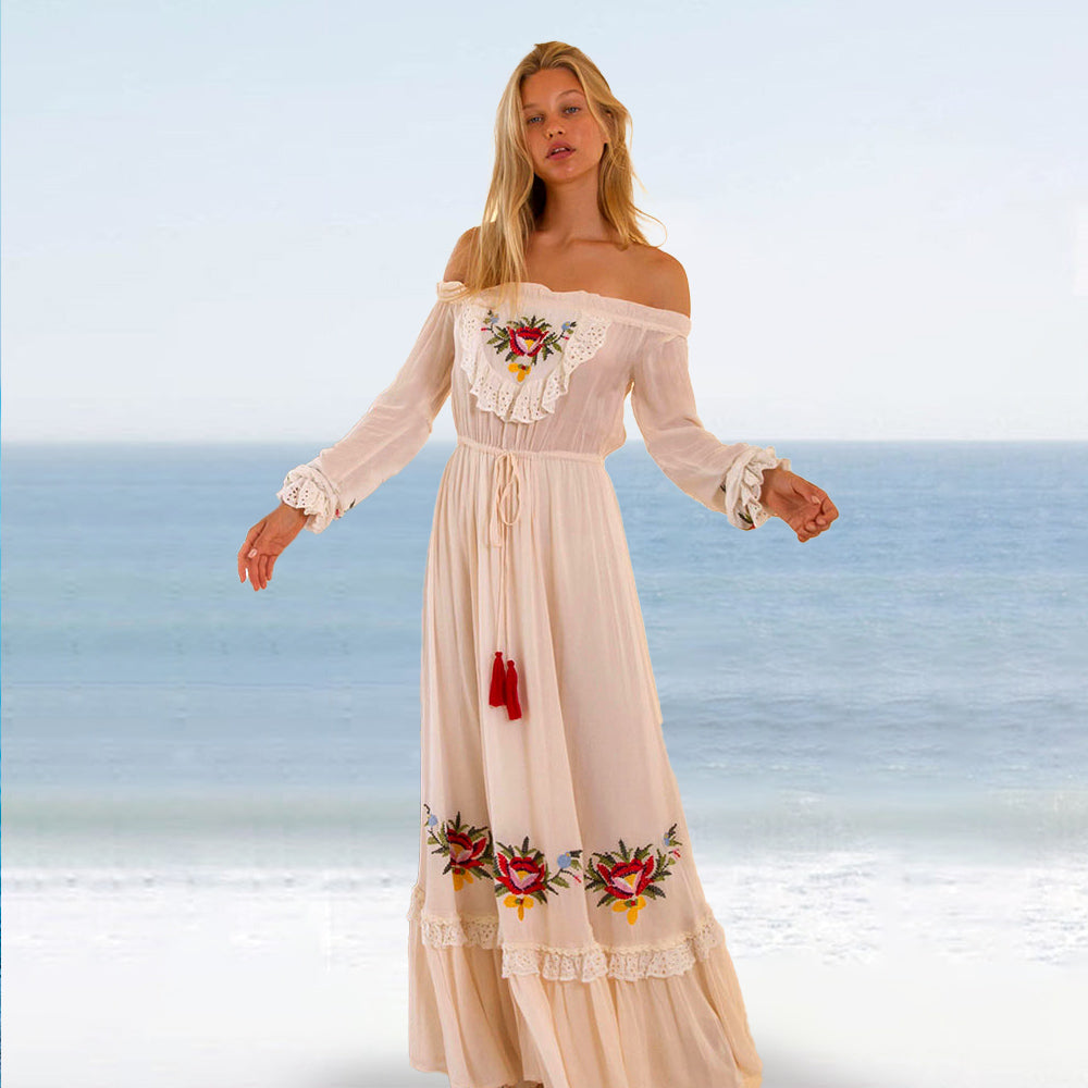 Open Shoulders Cotton Floral Embroidery Boho Maxi Dress