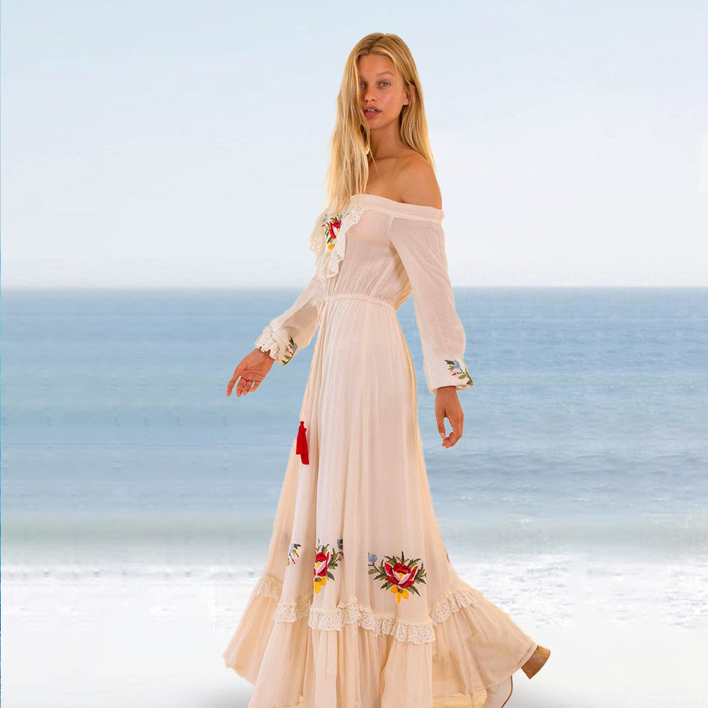Open Shoulders Cotton Floral Embroidery Boho Maxi Dress
