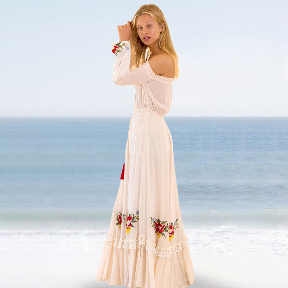 Open Shoulders Cotton Floral Embroidery Boho Maxi Dress