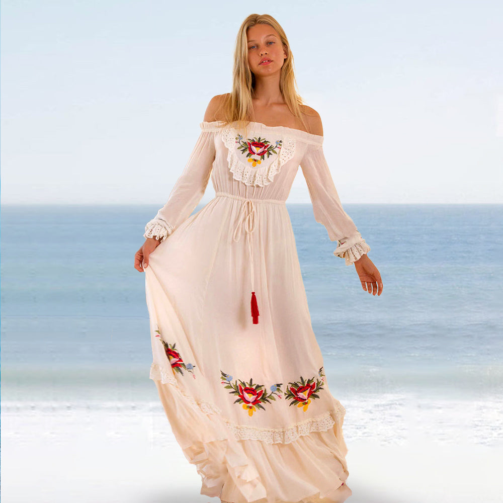 Open Shoulders Cotton Floral Embroidery Boho Maxi Dress