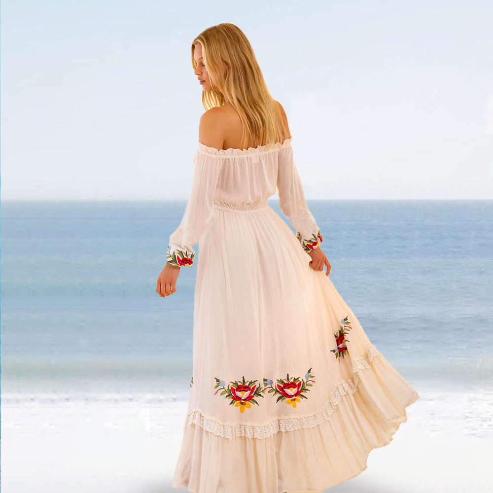 Open Shoulders Cotton Floral Embroidery Boho Maxi Dress