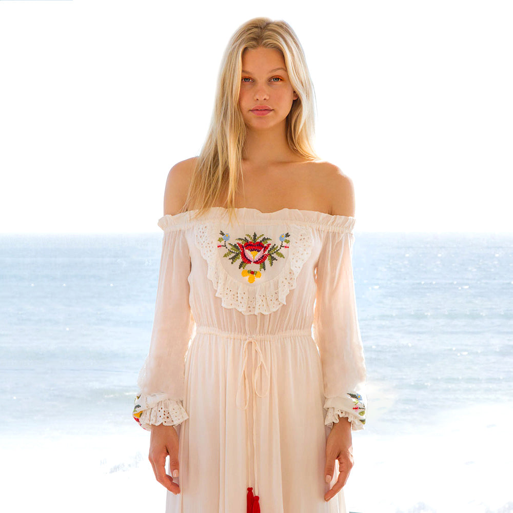 Open Shoulders Cotton Floral Embroidery Boho Maxi Dress