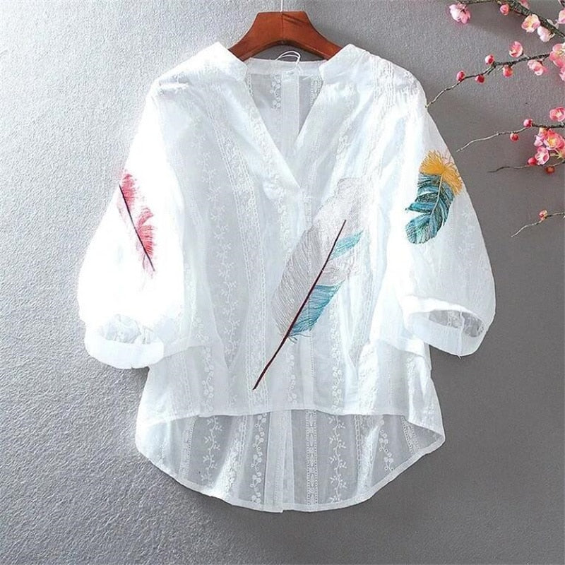Feathers Embroidered Top