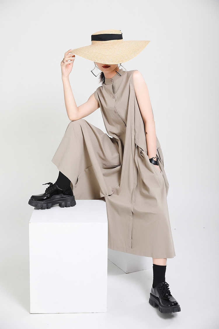 Sleeveless Loose Long  Dress New Stand Collar Sleeveless Loose Fit Fashion Tide Spring Summer 2023 1Y353