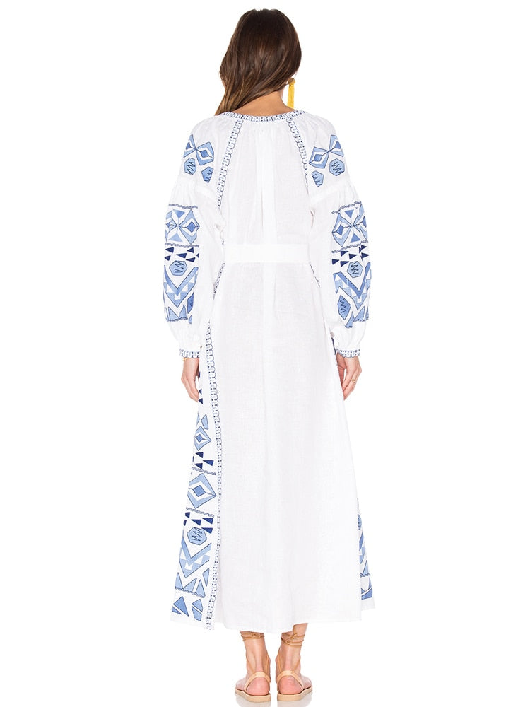 Ethnic Embroidery Linen White dress with Tassels