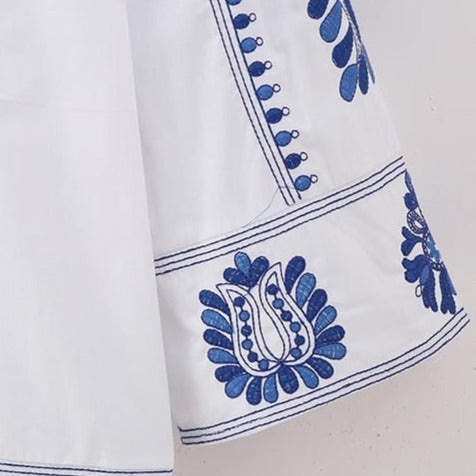 Blue Embroidered White Dress