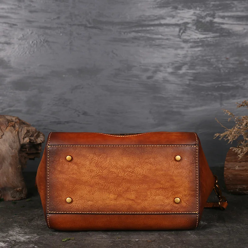 Vintage Genuine Leather Shoulder Bag With Embossed Mandala and Metal Handles