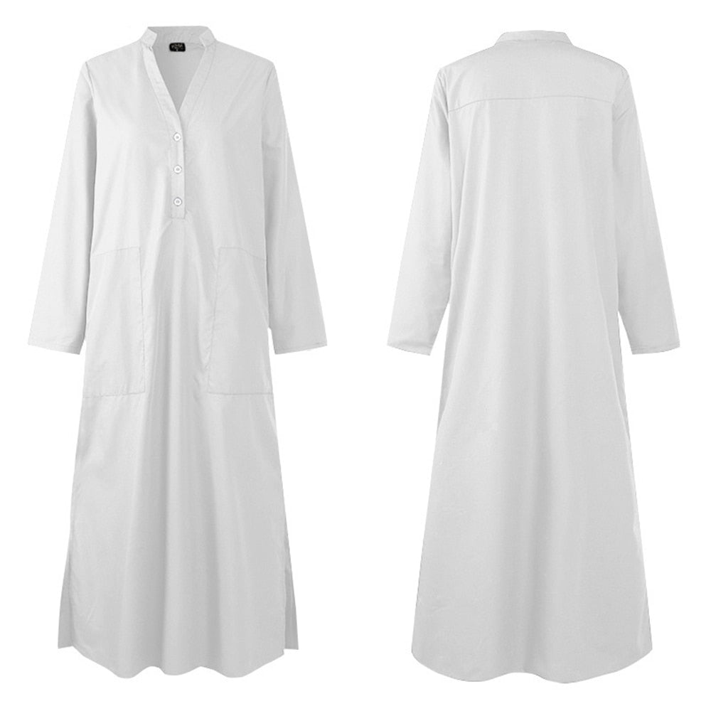 White Side Split Button-Up Cotton Maxi Dress