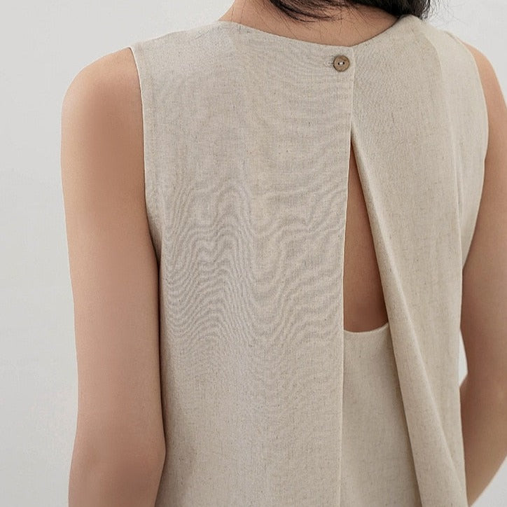 Linen Sleeveless Back Hollow-Out Maxi Dress