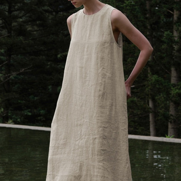 Linen Sleeveless Back Hollow-Out Maxi Dress