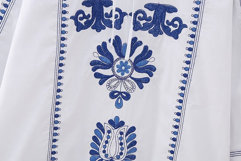 Blue Embroidered White Dress