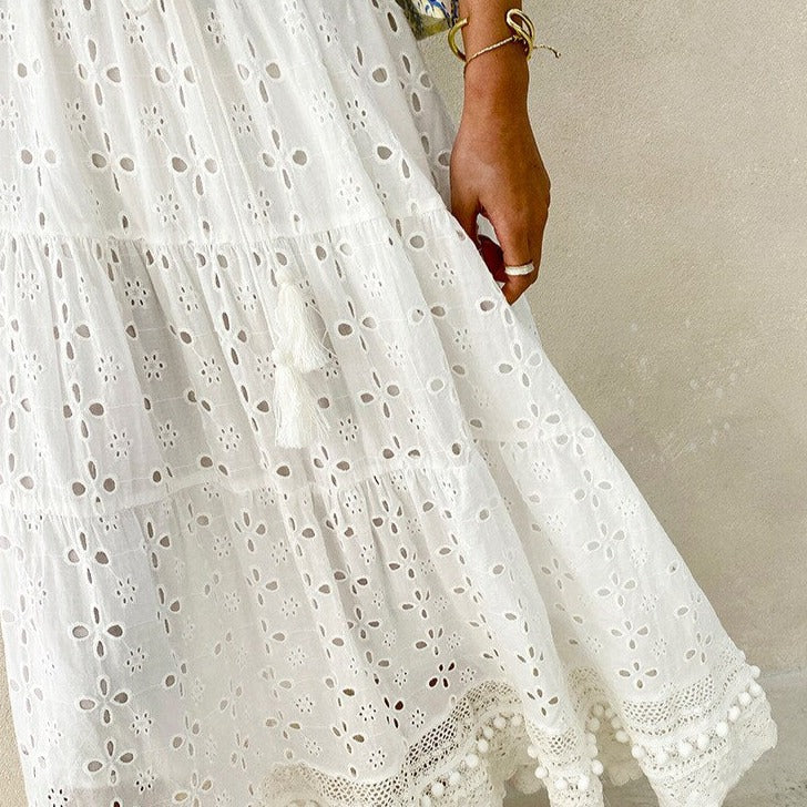 White Cotton Hollow-Out Boho Skirt