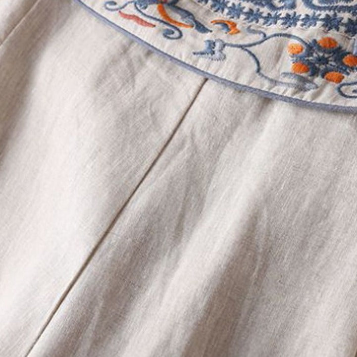 Light Linen Embroidered Waist Pants