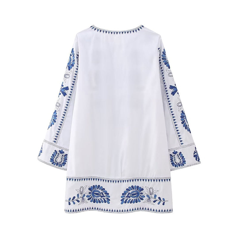 Blue Embroidered White Dress
