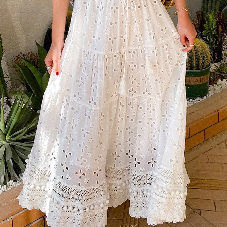 White Cotton Hollow-Out Boho Skirt