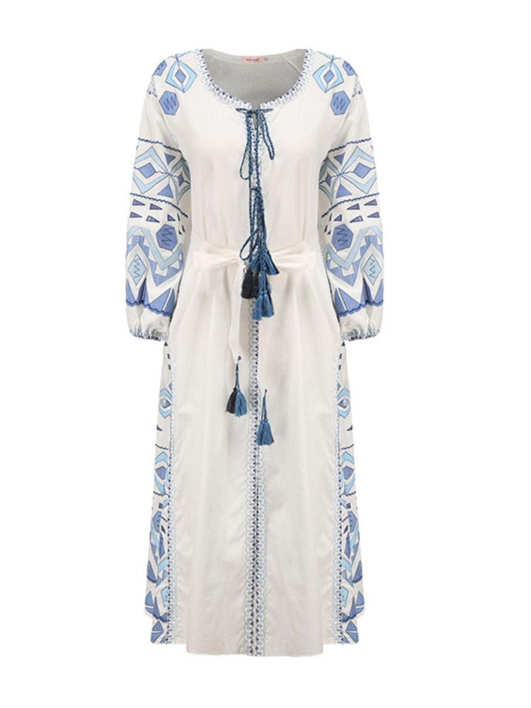 Ethnic Embroidery Linen White dress with Tassels