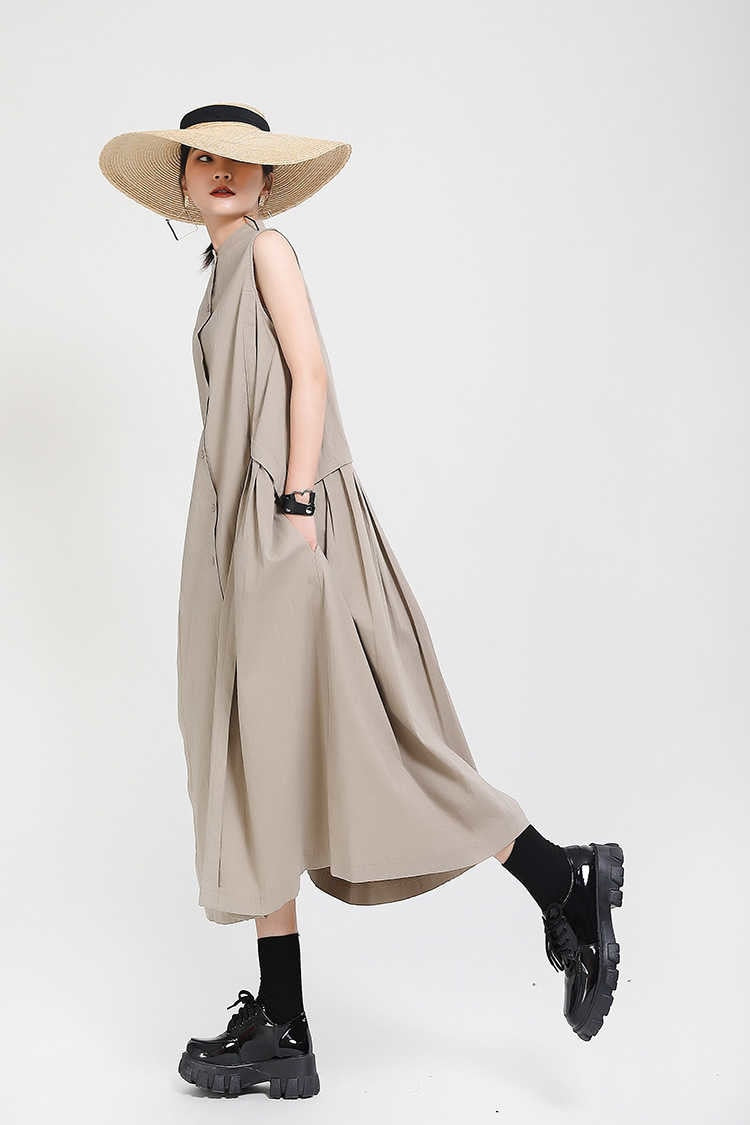 Sleeveless Loose Long  Dress New Stand Collar Sleeveless Loose Fit Fashion Tide Spring Summer 2023 1Y353