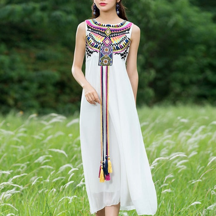 Geometric  Embroidery Tassel Sleeveless Midi Dress
