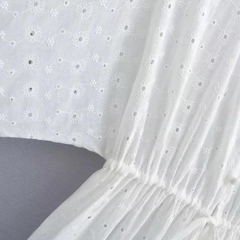 White Boho Embroidered Cotton Maxi Dress Kimono