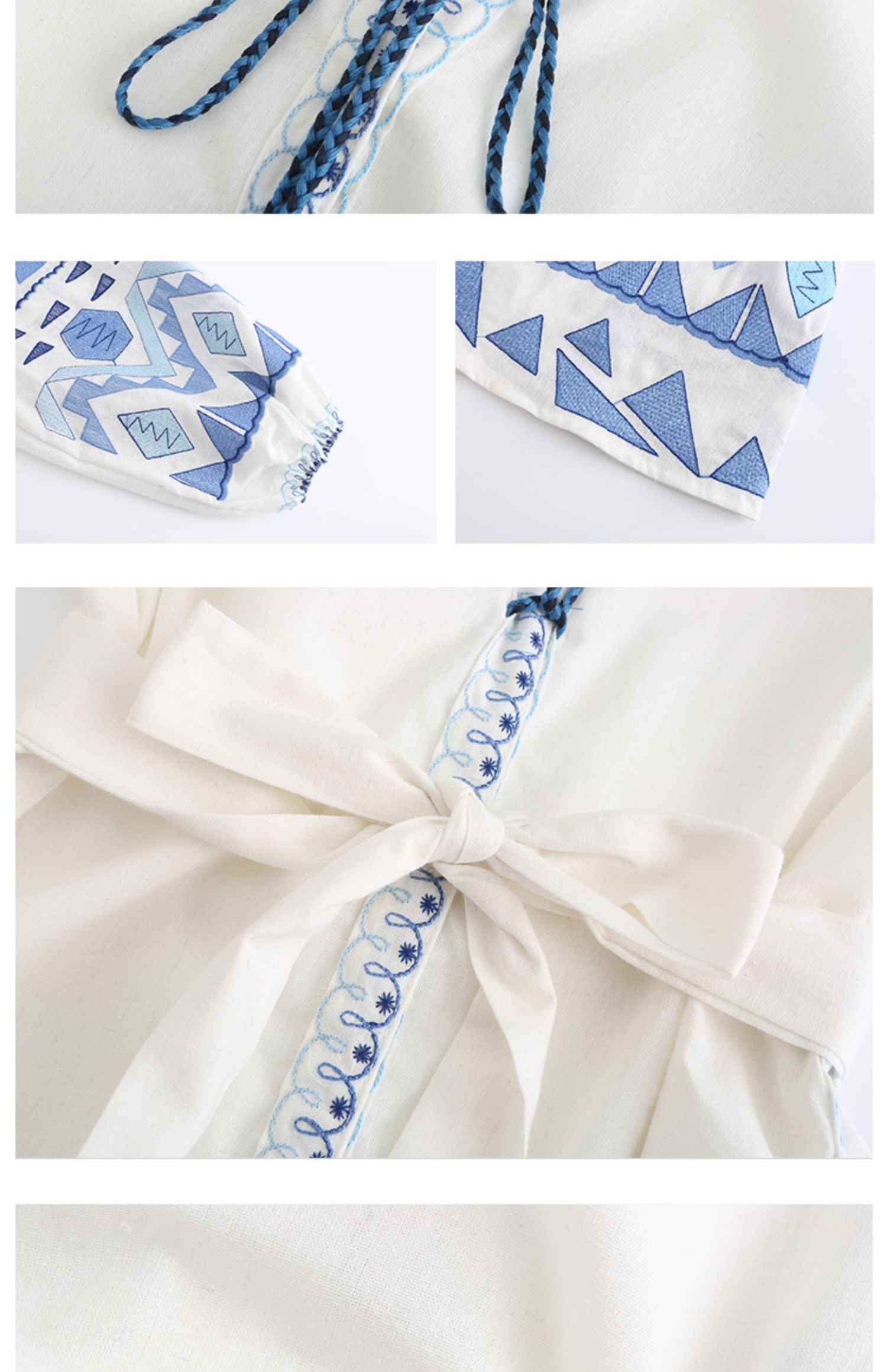 Ethnic Embroidery Linen White dress with Tassels