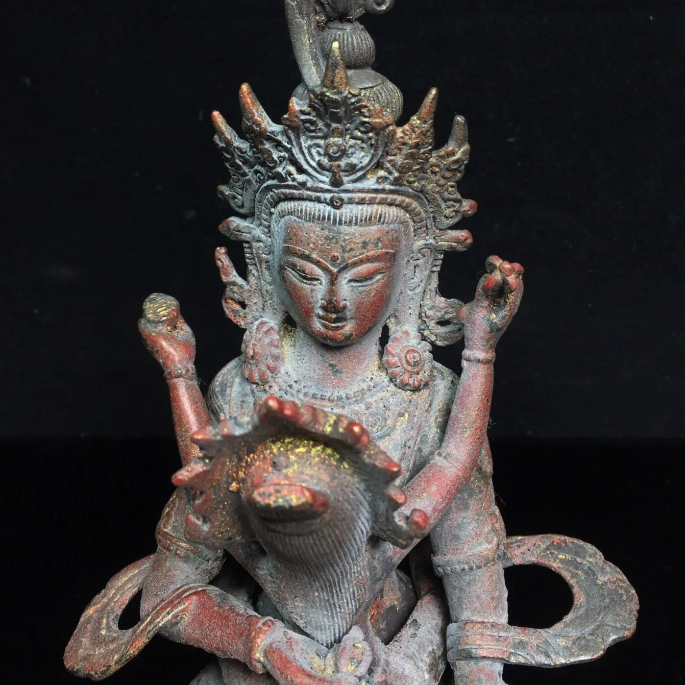 Primordial Union: 9" Tibetan Temple Collection - Old Bronze Cinnabar Yab-Yum Sculpture.