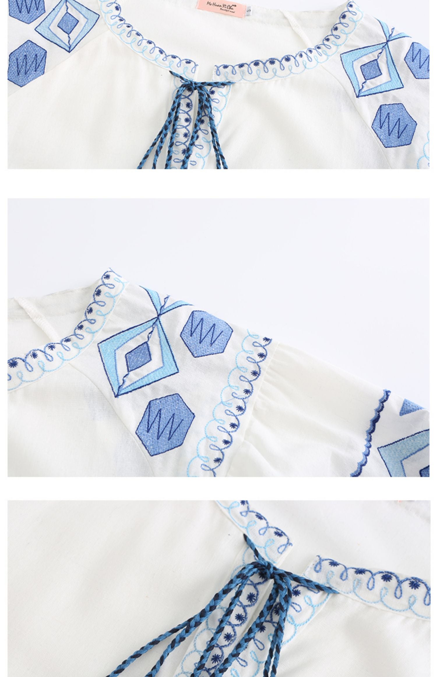 Ethnic Embroidery Linen White dress with Tassels
