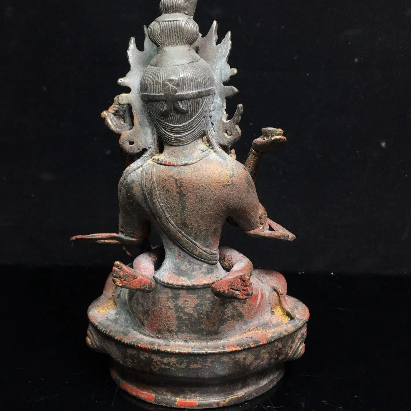 Primordial Union: 9" Tibetan Temple Collection - Old Bronze Cinnabar Yab-Yum Sculpture.