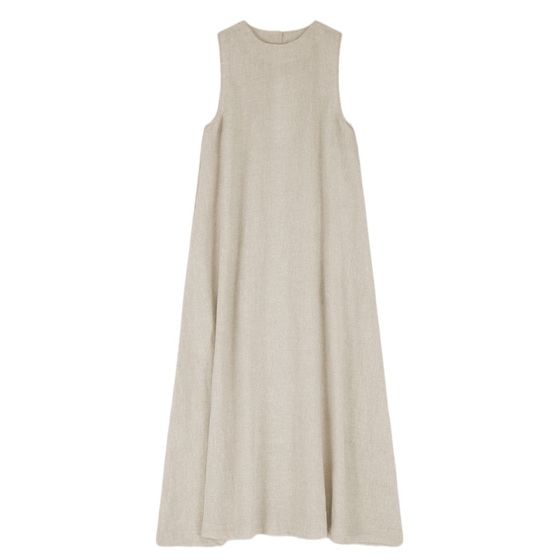 Linen Sleeveless Back Hollow-Out Maxi Dress