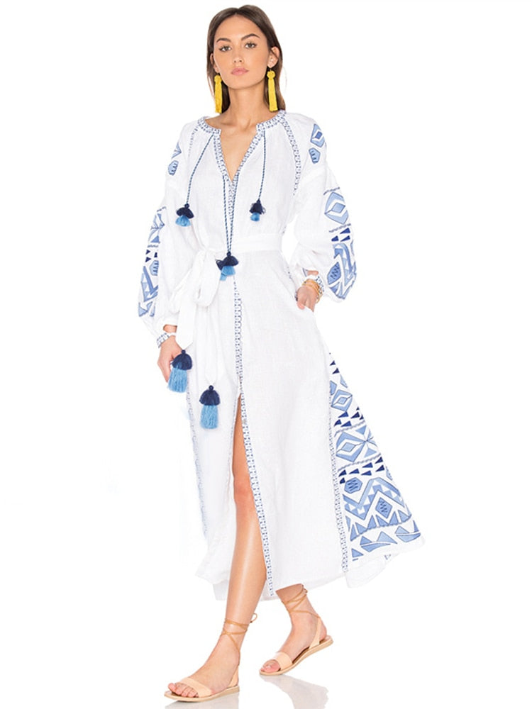 Ethnic Embroidery Linen White dress with Tassels